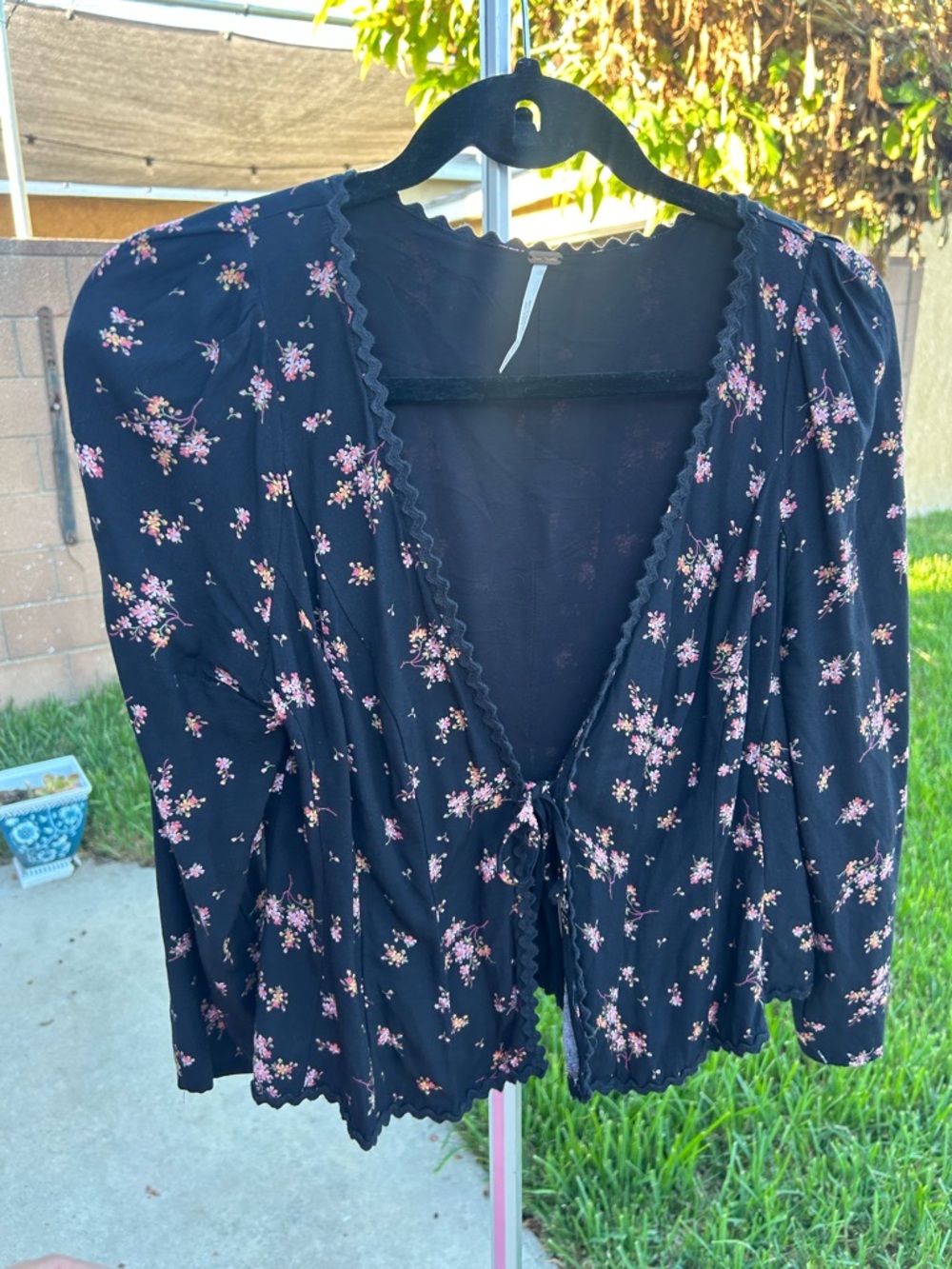 Free People Black Blouse with Pink Floral Print
